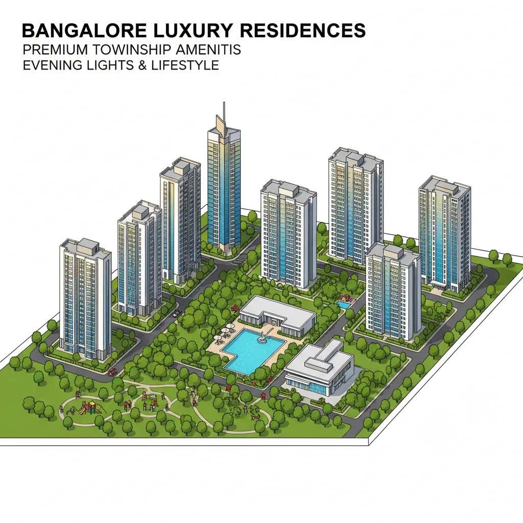 Luxury residential township aerial view with high-rise apartment towers surrounded by lush green parks in Bangalore