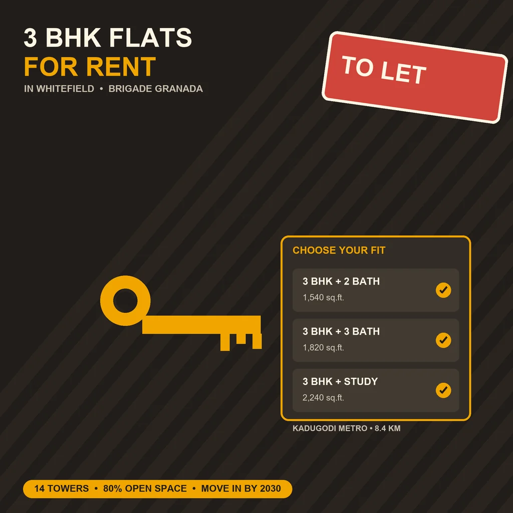 3 BHK Flats for Rent in Whitefield: illustration of a spacious 3 BHK apartment interior at Brigade Granada with a For Rent key and balcony.
