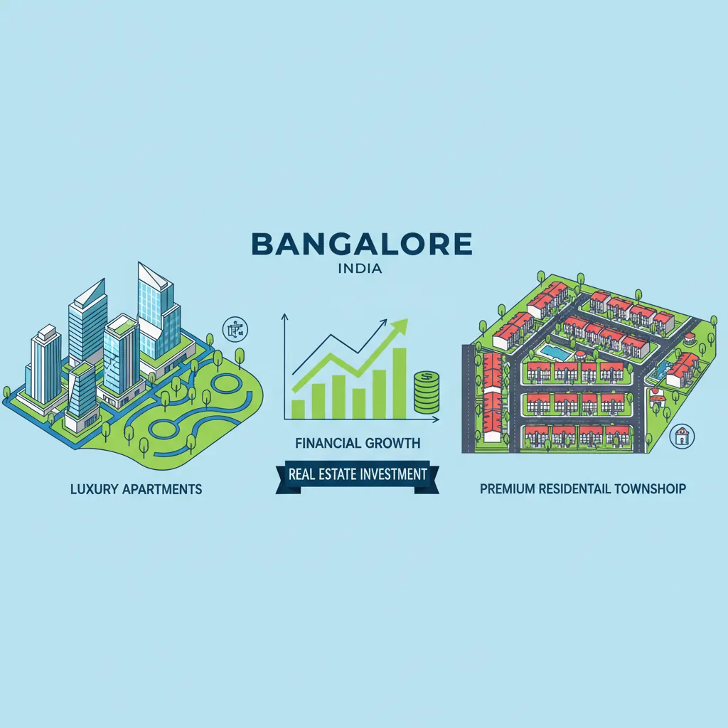 Advantages Of Investing in Brigade Group Projects - Modern real estate investment infographic showing luxury apartment buildings with green parks and financial growth charts