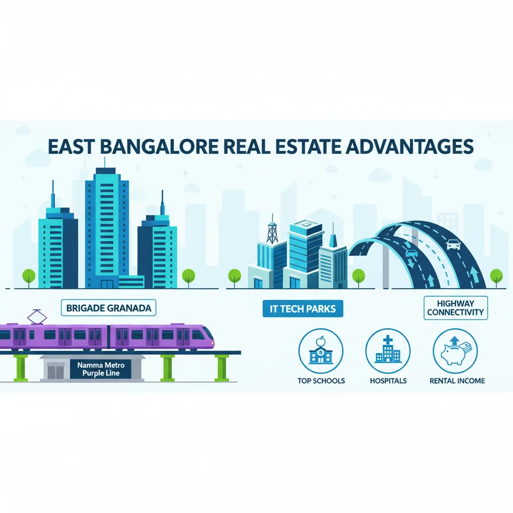 Advantages Of Investing in East Bangalore - Modern infographic style illustration showing residential towers, metro connectivity, tech parks, schools, hospitals, and rental income icons
