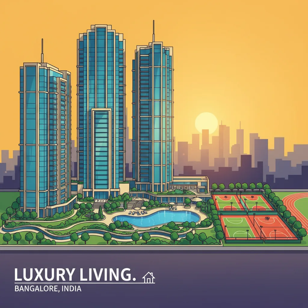 Modern residential apartment complex in Bangalore with premium high-rise towers, lush gardens, and contemporary architecture