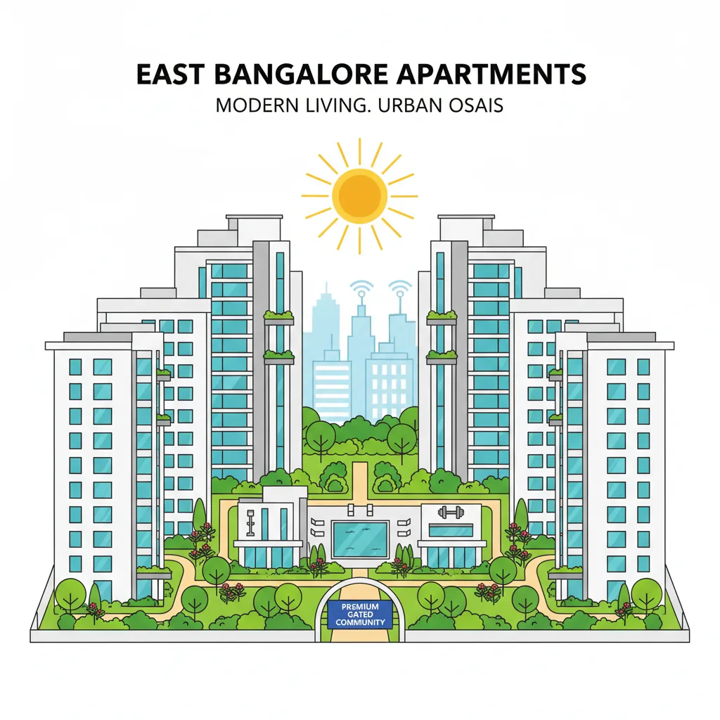 Modern residential apartment complex in East Bangalore with high-rise towers, lush green gardens, swimming pool, and fitness center amenities