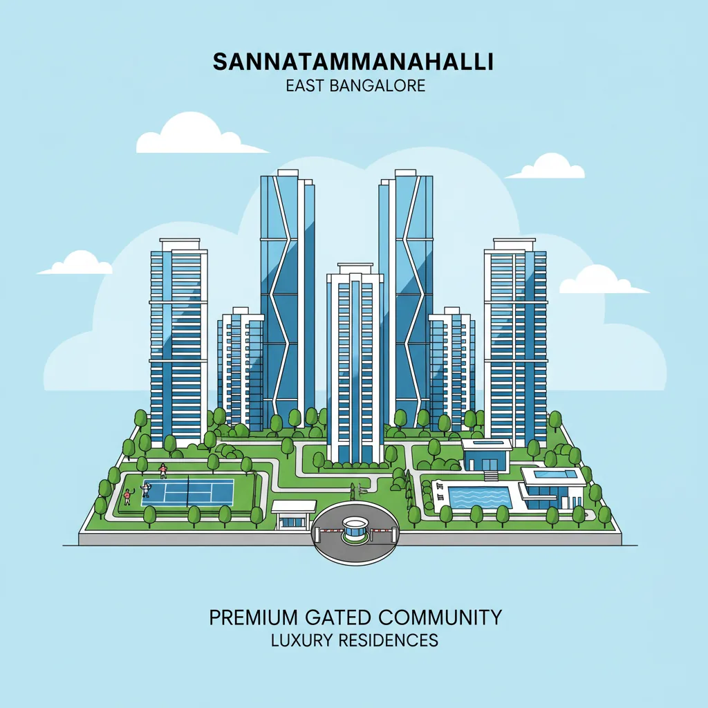 Modern luxury residential apartment complex in Sannatammanahalli East Bangalore featuring high-rise towers with glass facades and lush green landscaping