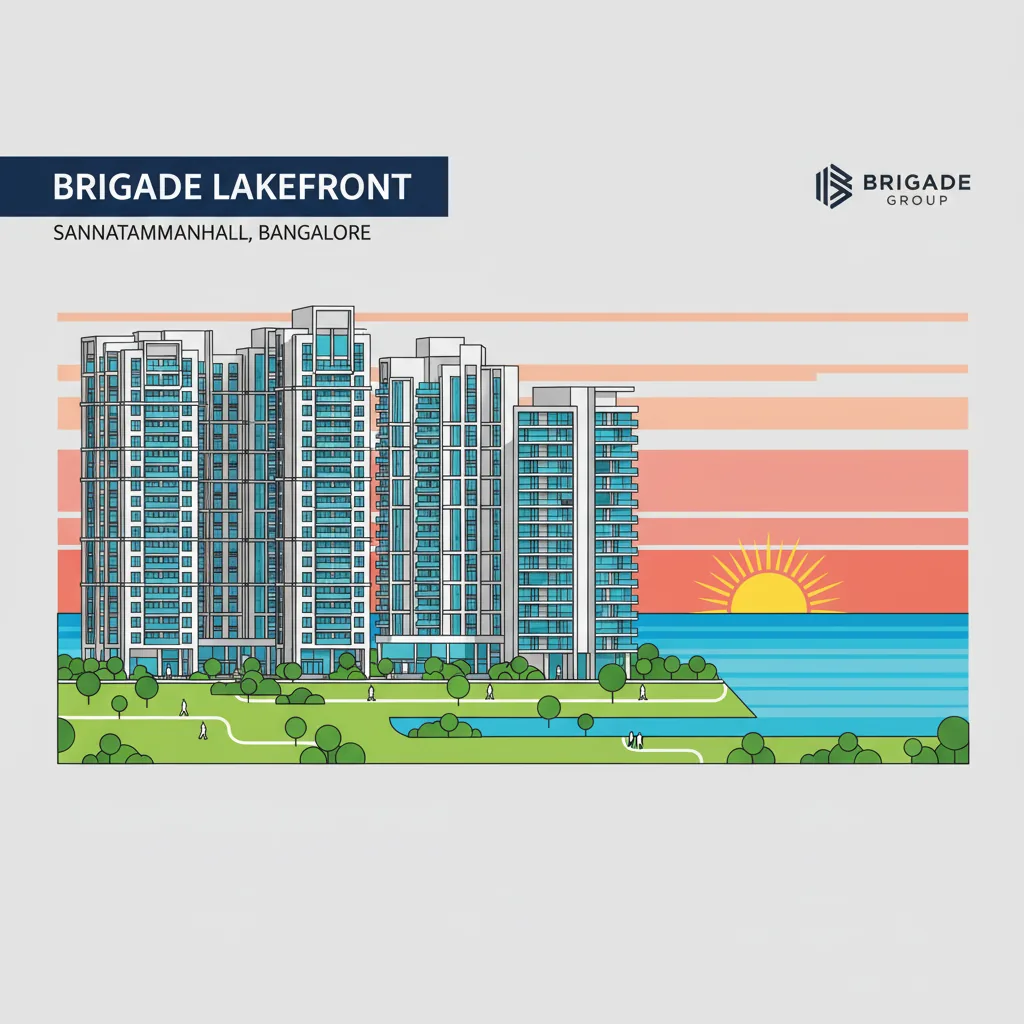 Modern luxury residential apartment towers with panoramic lake views in Sannatammanahalli Bangalore area, featuring Brigade Group architecture