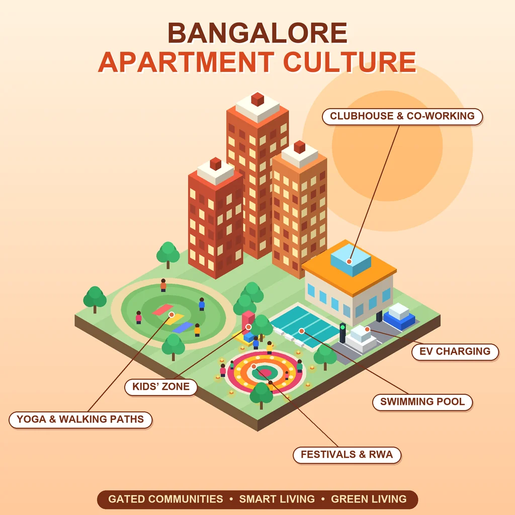 Bangalore Apartment Culture: illustration of a gated apartment community in Bangalore at sunset with high-rise towers, festival lights and families walking on a garden path.