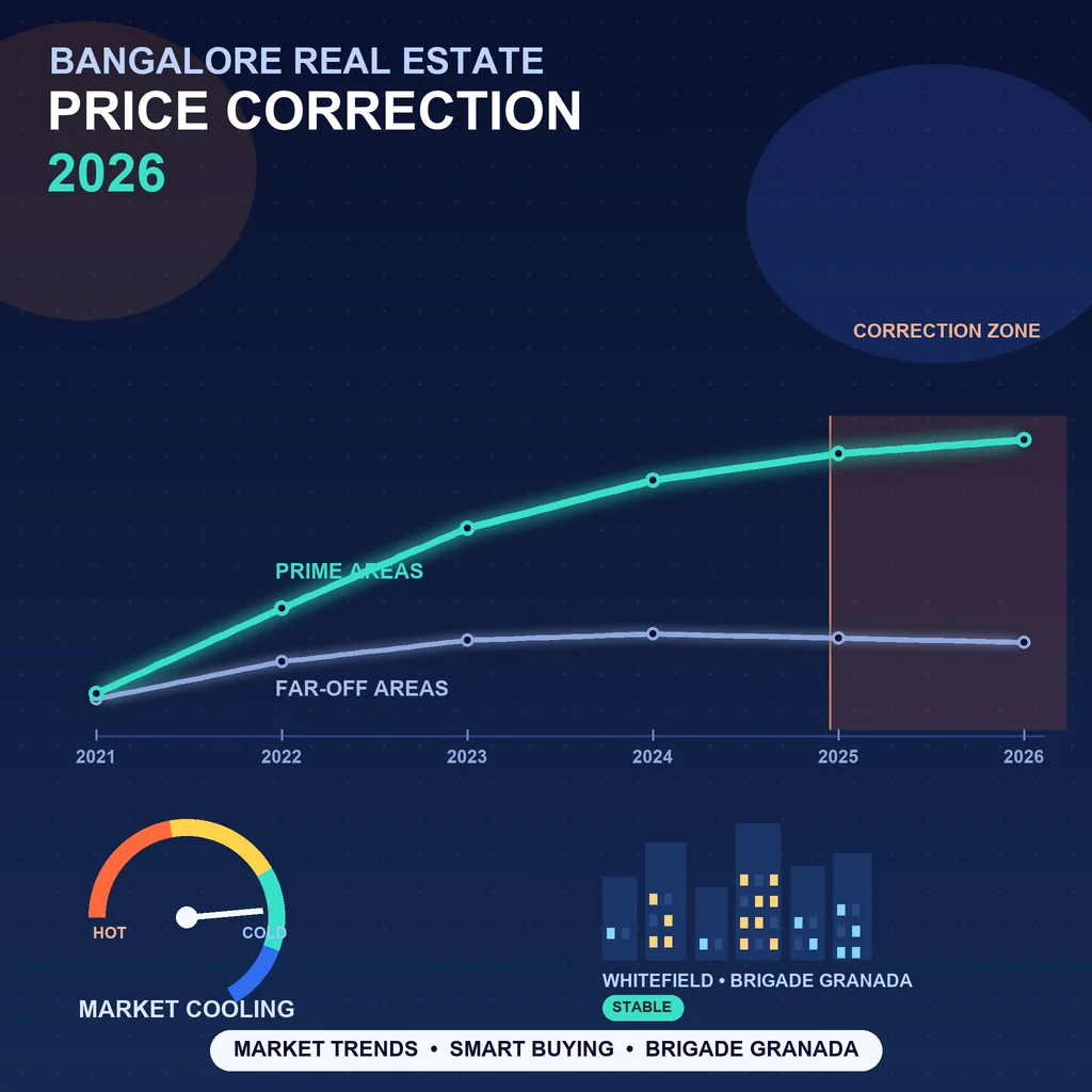 Bangalore Real Estate Price Correction 2026: illustration of a cooling property market with a falling-then-stabilising price graph, a magnifying glass over Whitefield towers, and a metro line.