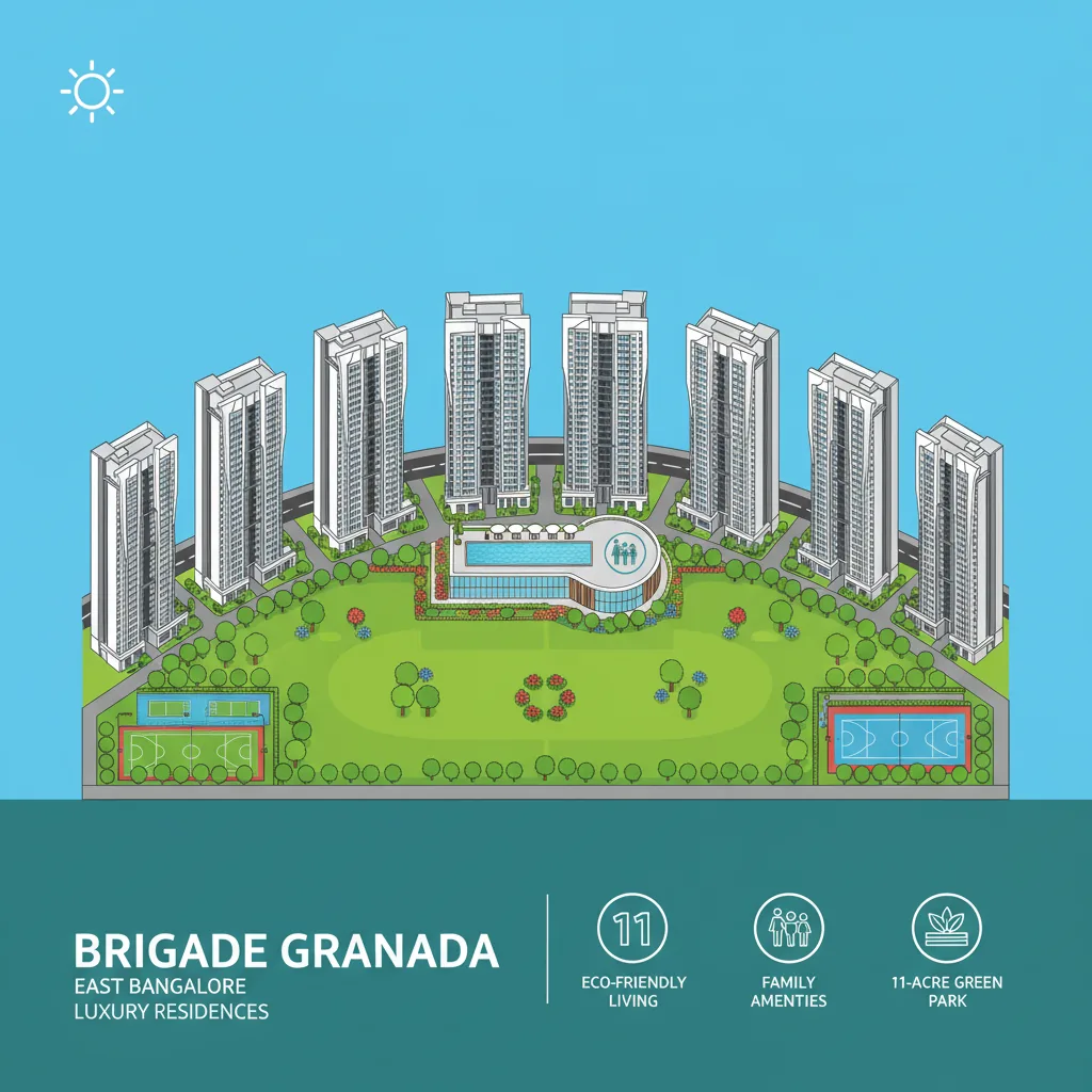 Brigade Granada luxury residential apartment complex aerial view with green park and towers