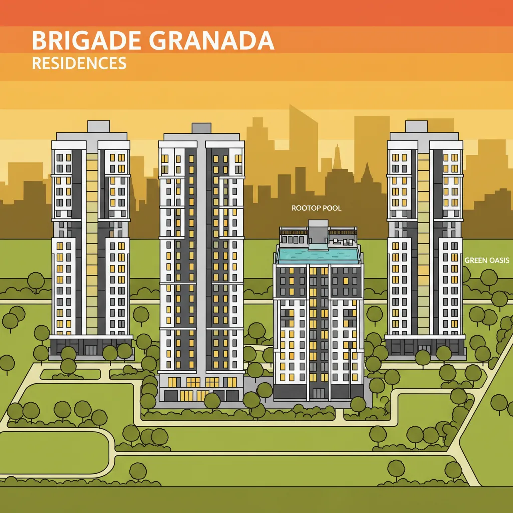 Modern luxury residential apartment complex Brigade Granada in Sannatammanahalli East Bangalore with landscaped gardens and rooftop pool
