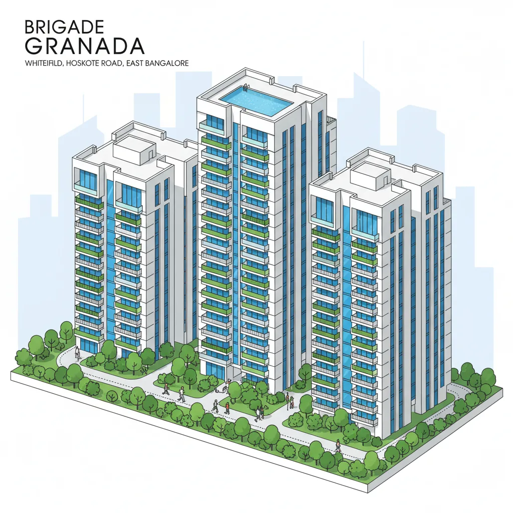 Brigade Granada luxury residential apartment complex on Whitefield-Hoskote Road, East Bangalore with landscaped gardens and rooftop pool