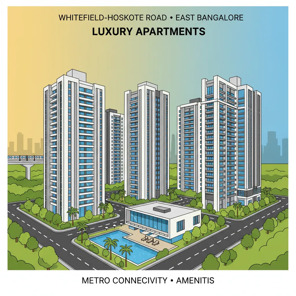Modern luxury apartment complex on Whitefield-Hoskote Road in East Bangalore with high-rise towers, greenery, and clubhouse amenities