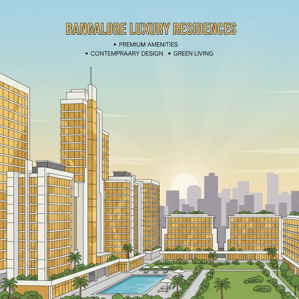 Modern luxury apartment buildings in Bangalore cityscape with premium residential towers and glass facades