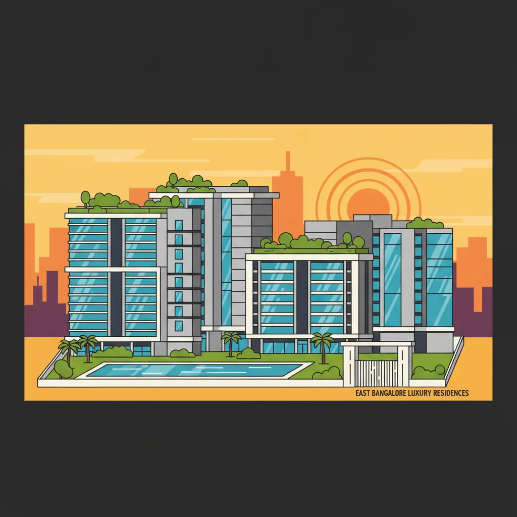 Modern luxury residential apartment towers in East Bangalore featuring sleek glass architecture, lush landscaping, and sky gardens at sunset