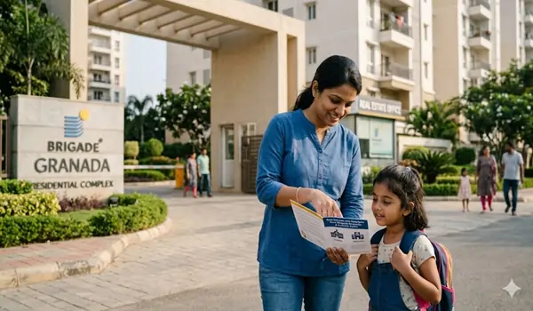Brigade Granada family guide 2026 showing proximity to top schools like New Baldwin and Sharanya Narayani plus healthcare facilities like MVJ Hospital and Vydehi Bangalore.