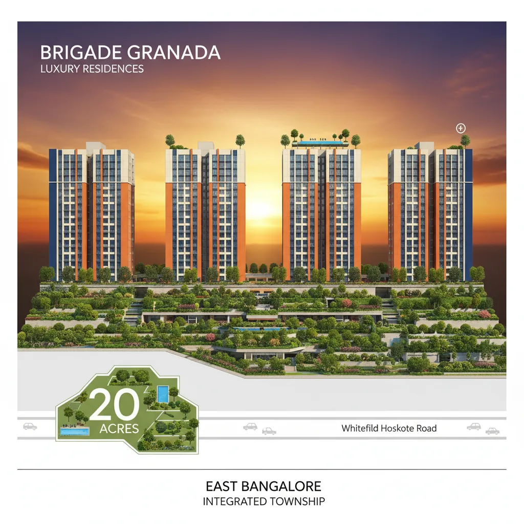 Brigade Granada luxury residential towers in East Bangalore - 20-acre integrated township with swimming pool and landscaped gardens