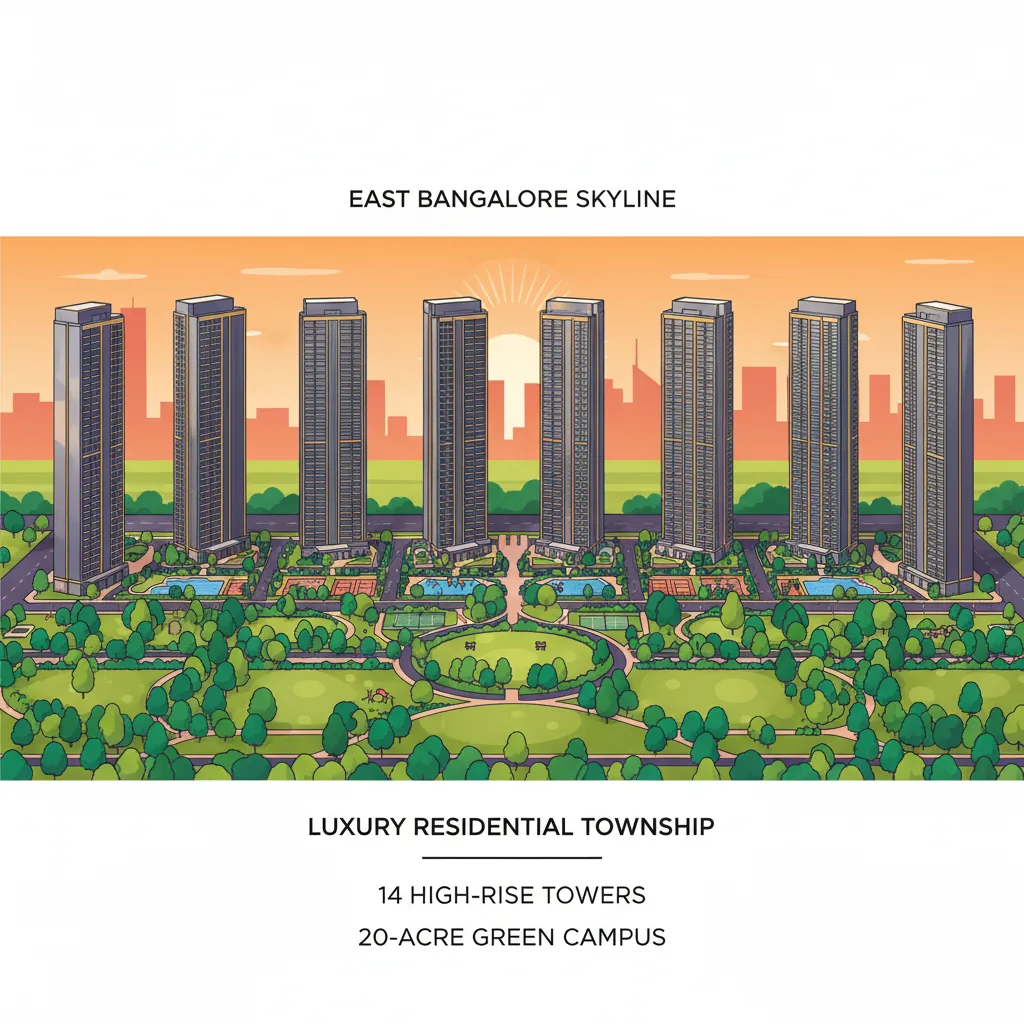 Brigade Granada – The Biggest Township in East Bangalore - Aerial view of 14 residential towers on 20-acre green campus