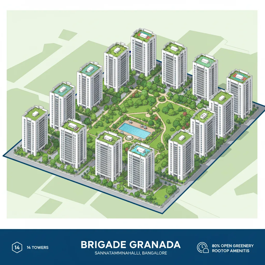Biggest Township in Sannatammanahalli - Modern aerial view of Brigade Granada luxury residential township with 14 towers and lush greenery