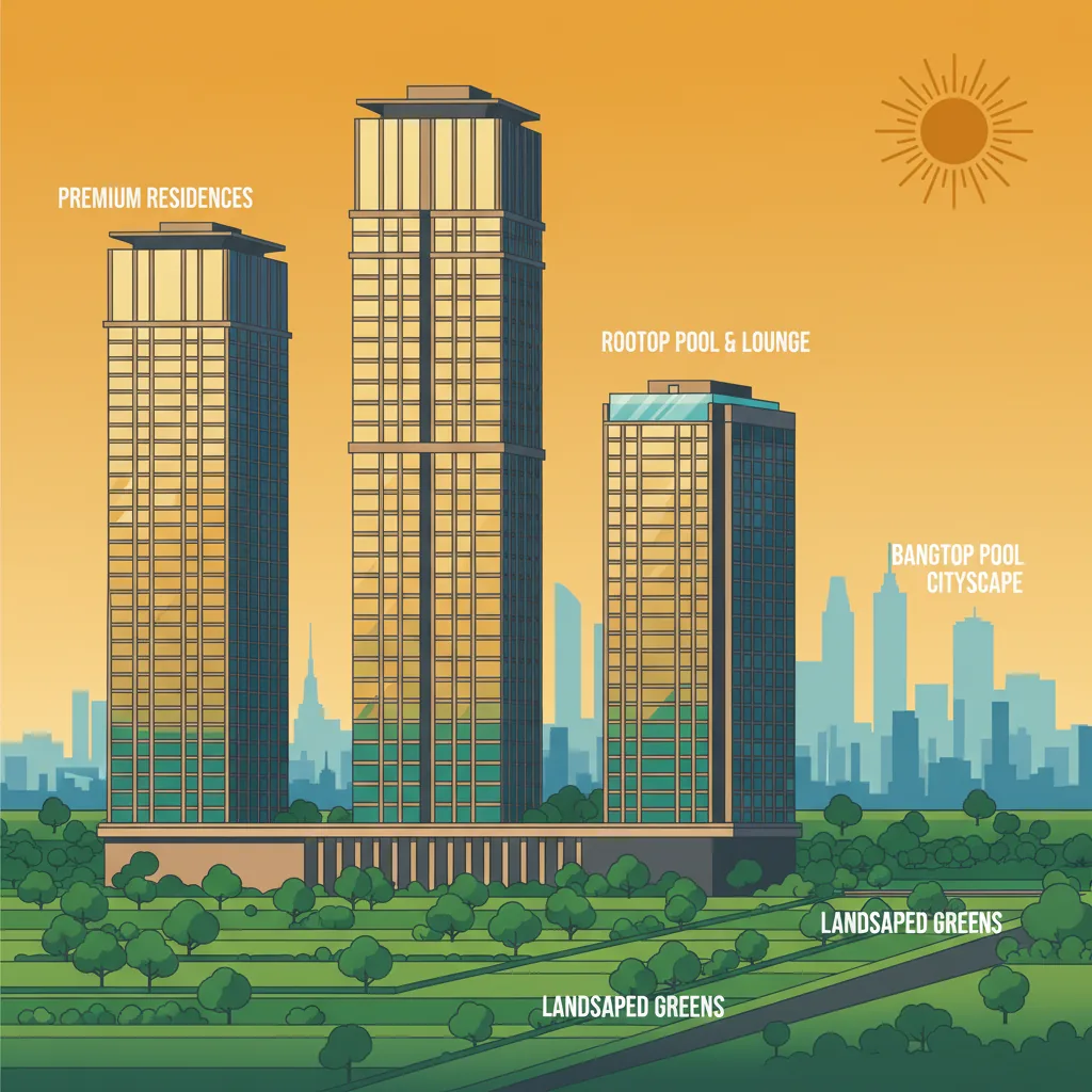 Modern luxury residential apartment complex Brigade Granada with tall glass towers, lush green parks, and rooftop infinity pool in Bangalore