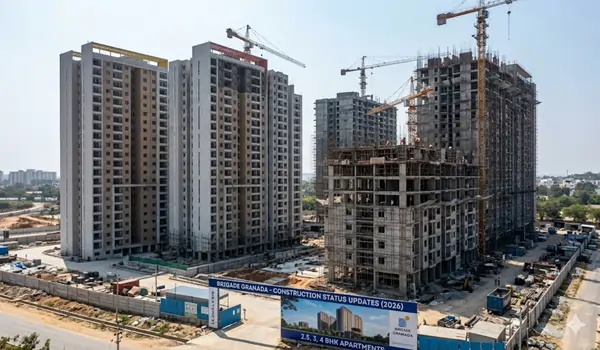 Aerial view showing the current construction progress and structural development at the Brigade Granada residential site