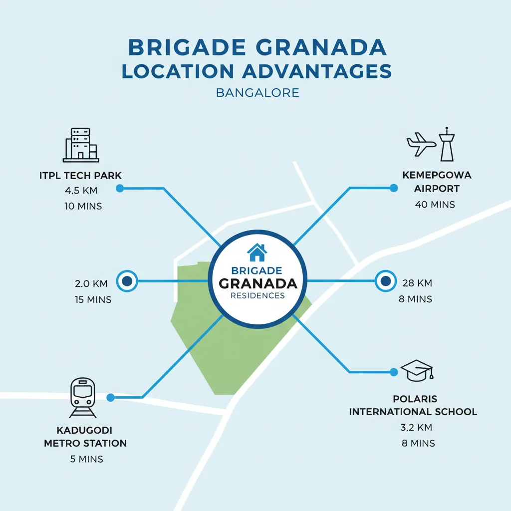 Brigade Granada location map showing distances to key East Bangalore landmarks including ITPL, Kadugodi Metro, and Kempegowda Airport