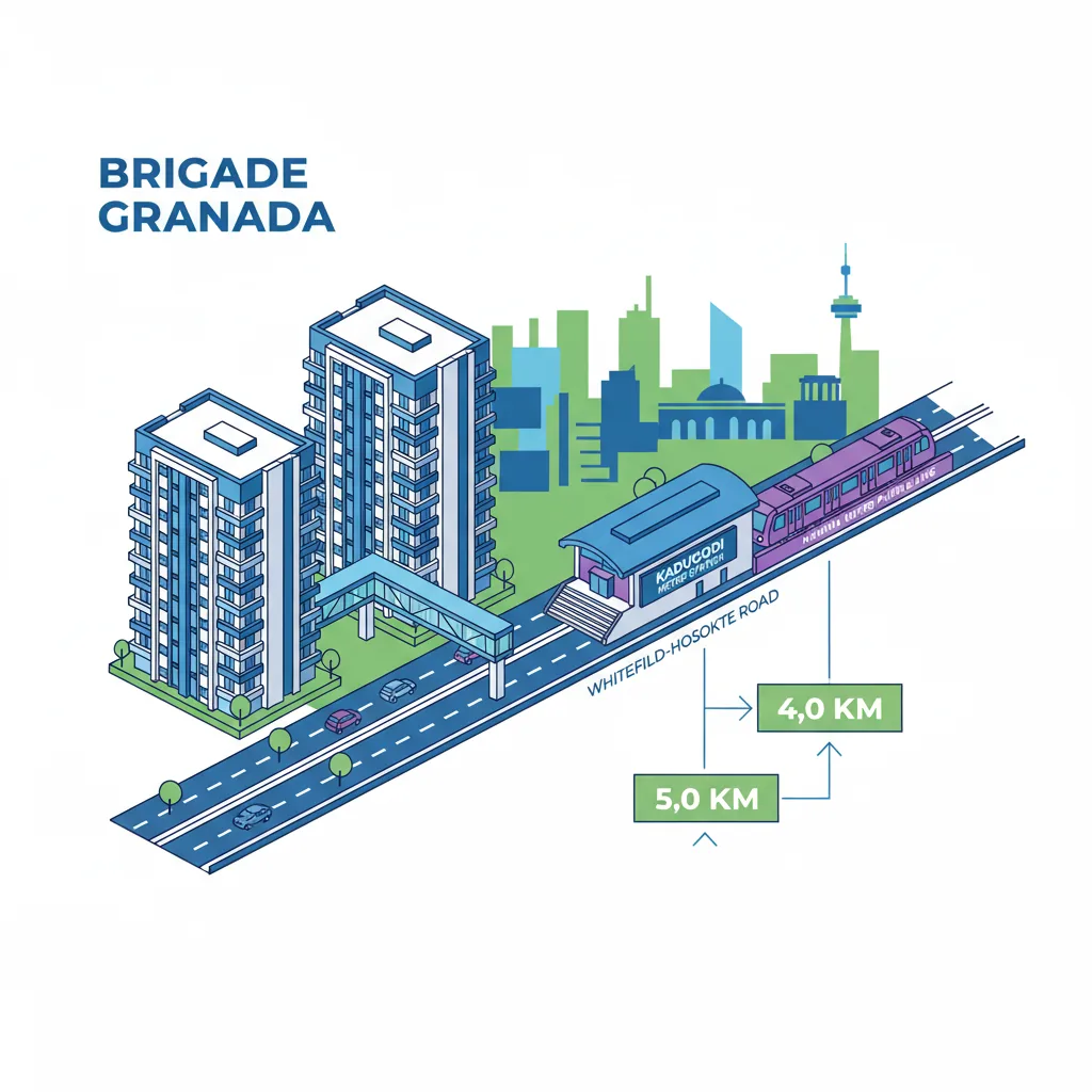 Brigade Granada to Kadugodi Metro Station distance infographic showing metro connectivity and travel routes