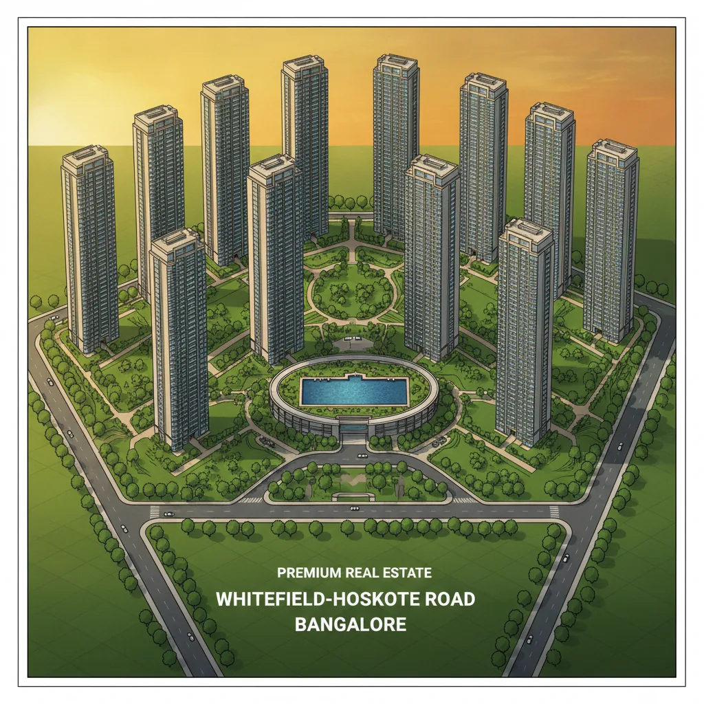 Brigade Granada luxury residential complex aerial view with 14 towers, green landscape, and rooftop pool