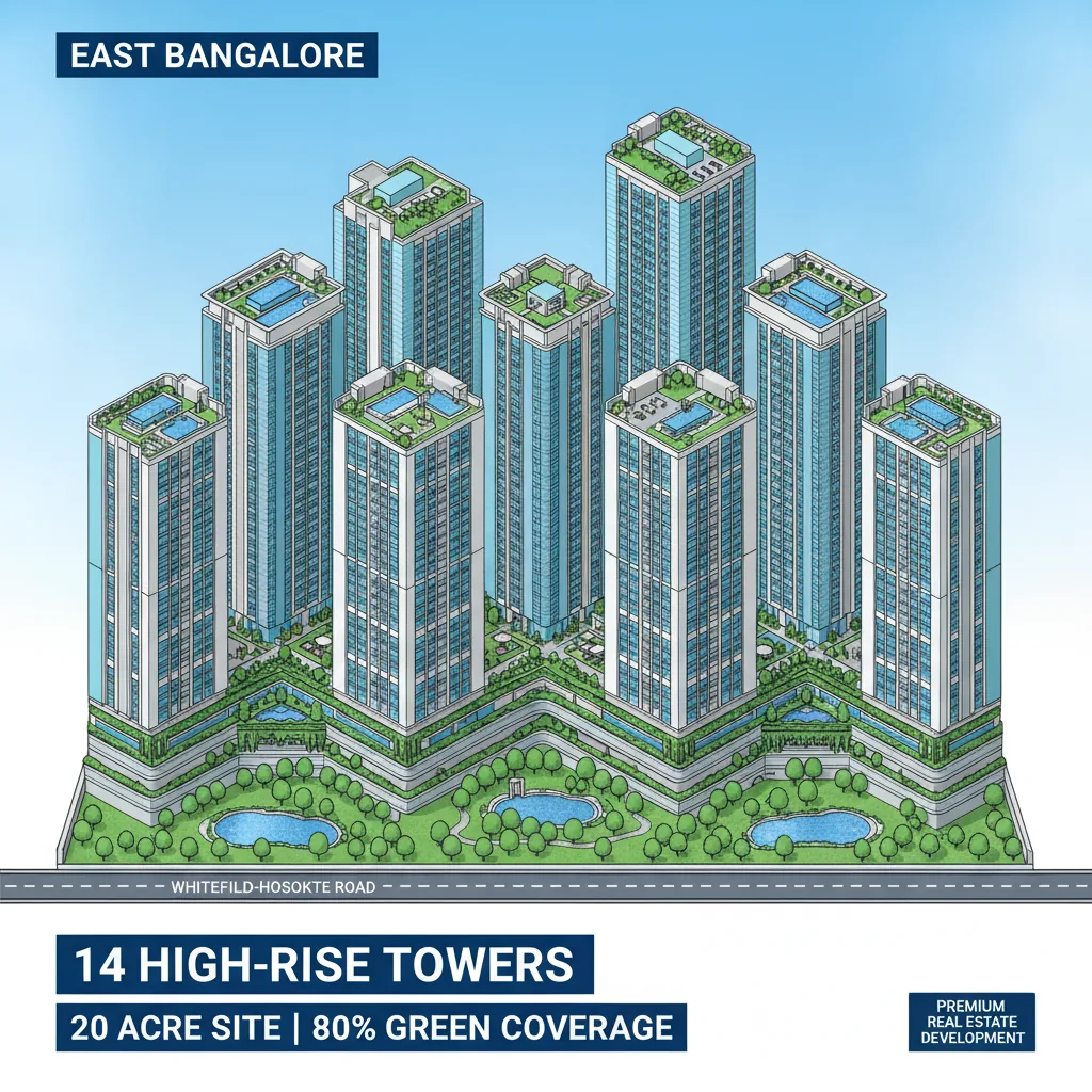 Brigade Granada New Launch - Modern luxury residential apartment towers in East Bangalore with 14 high-rise towers, rooftop amenities, and lush green landscape