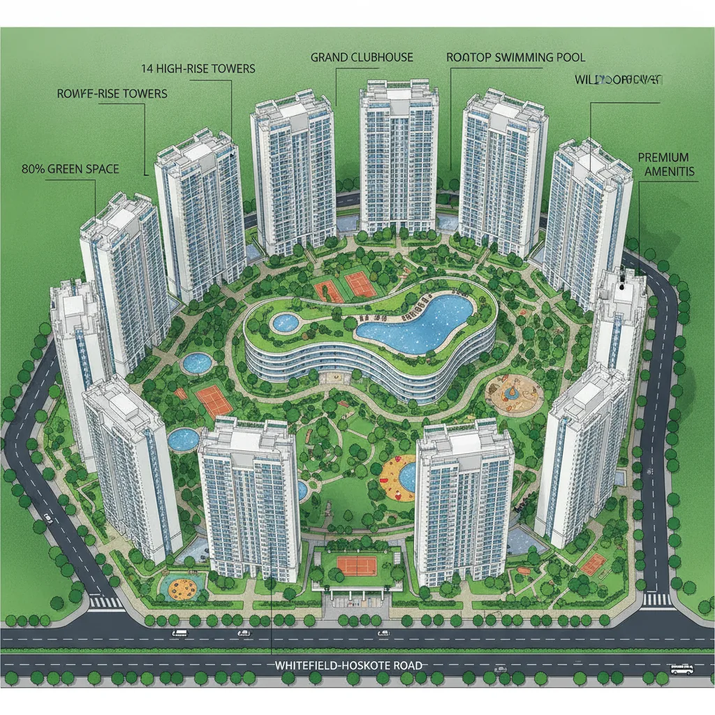Brigade Granada luxury residential apartment complex with 14 high-rise towers, lush green gardens, and grand clubhouse with rooftop pool