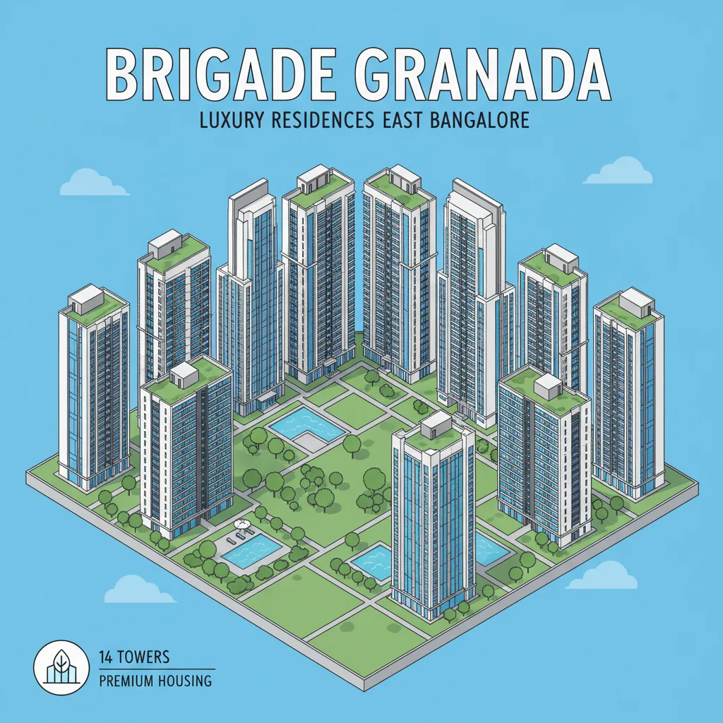Modern luxury residential apartment towers in East Bangalore - Brigade Granada premium housing project with contemporary high-rise buildings and green landscaping