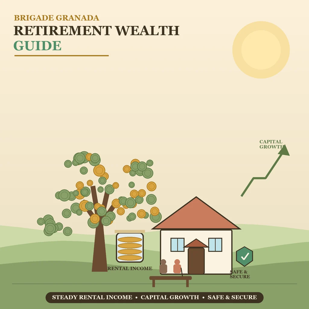 Brigade Granada Retirement Wealth Guide: illustration of a nest-egg home with coins and a growth graph representing safe retirement income.