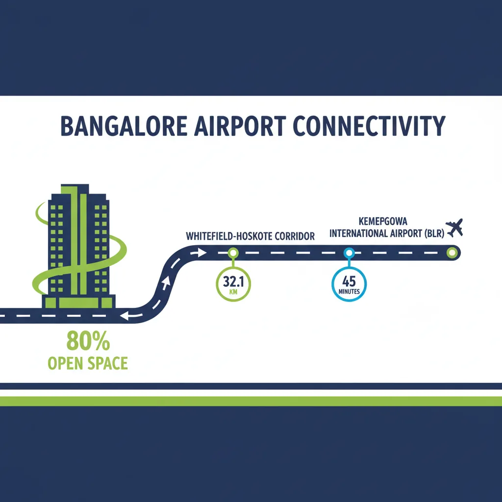 Real estate infographic showing Brigade Granada to Airport connectivity, 32.1 km distance and 45 minute travel time via State Highway 104