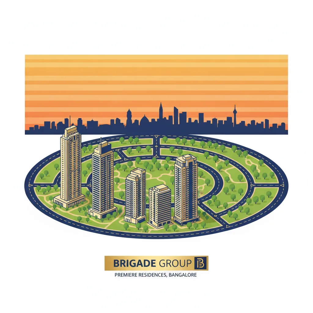 Modern architectural infographic showing luxury real estate development with high-rise residential towers, green spaces, integrated township layout. Professional corporate style with Brigade Group branding colors.