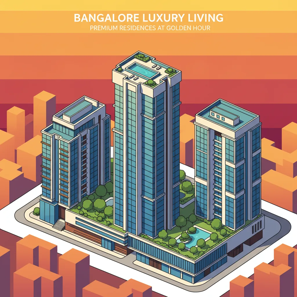 Modern luxury apartment skyline in Bangalore cityscape at golden hour featuring premium high-rise towers with glass facades and rooftop pools