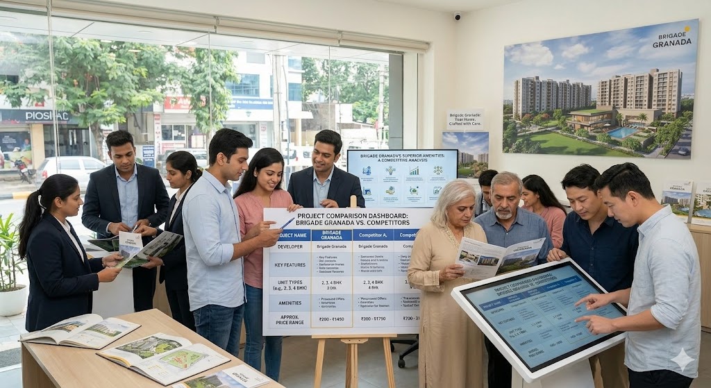 Price comparison of Brigade Granada Hoskote Road vs Whitefield core apartments 2026 showing higher ROI and 80 percent open space advantage for investors