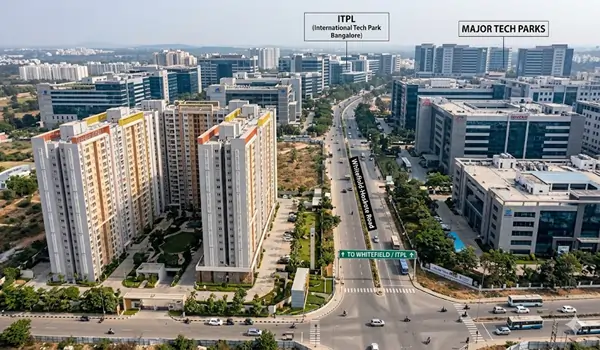 Brigade Granada Hoskote Road connectivity map showing 25 minute commute to ITPL Whitefield and Manyata Tech Park Bangalore 2026