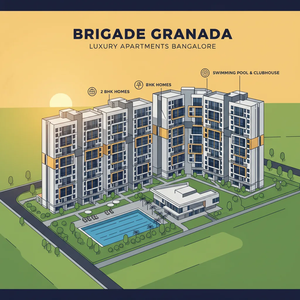 Cost of 2 BHK in Brigade Granada - Modern luxury apartment complex aerial view of Brigade Granada residential towers