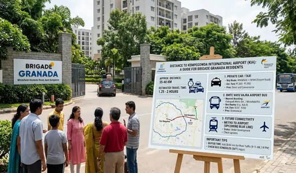 Brigade Granada to Bangalore Airport distance 31 km via SH 104 and Satellite Town Ring Road 45 minute drive time for residents 2026.