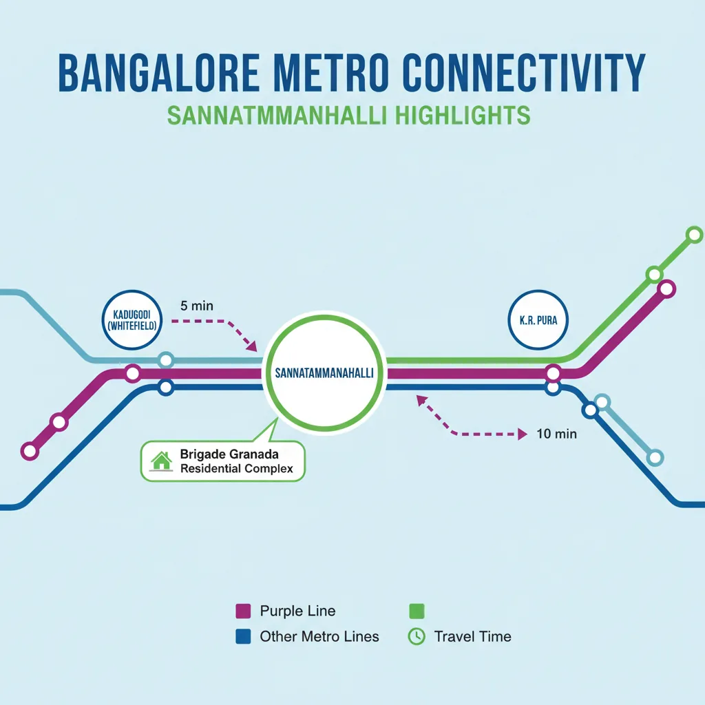 Infographic showing Bangalore metro connectivity map with Sannatammanahalli location, nearby Purple Line stations Kadugodi and K.R. Pura, and Brigade Granada residential complex