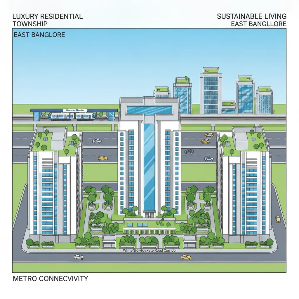 Modern luxury residential township in East Bangalore with high-rise towers, green podium gardens, and sustainable architecture