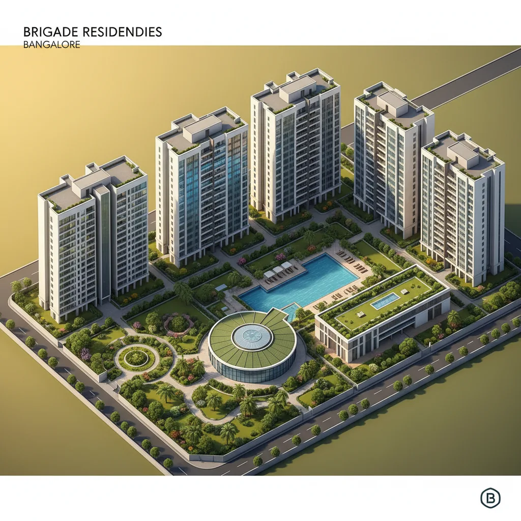 Modern luxury residential apartment towers in Bangalore, Brigade Group premium gated community with green landscaping and clubhouses