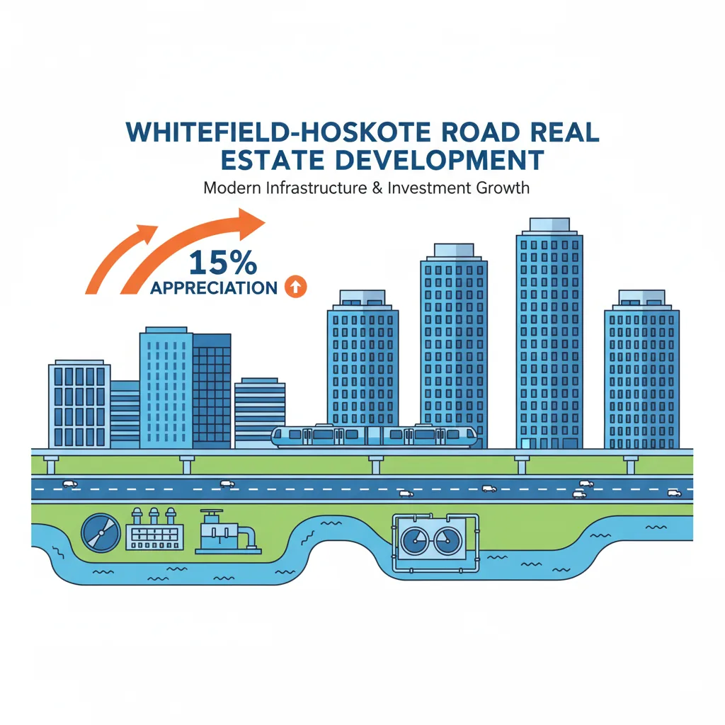 Future of Whitefield-Hoskote Road Real Estate Market - infographic showing skyline with residential towers, metro line, expressway, tech offices, and growth arrows indicating 15% appreciation