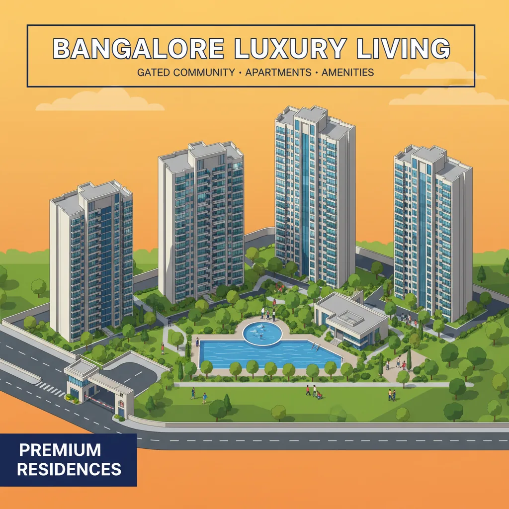 Modern gated community apartment complex in Bangalore with high-rise residential towers, landscaped gardens, and secure entrance