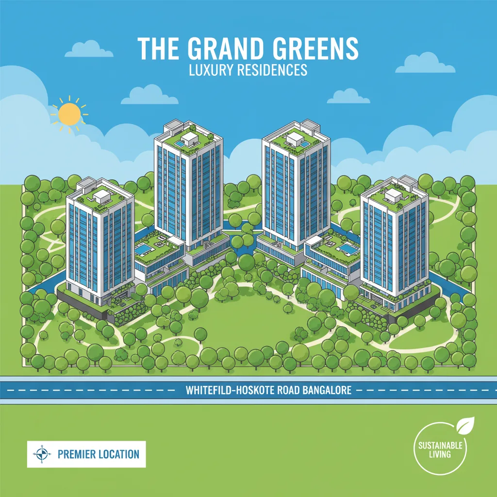 Aerial view of Brigade Granada gated community with 80% open green space, lush gardens, and residential towers on Whitefield-Hoskote Road, East Bangalore