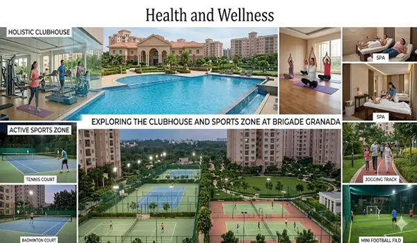 Brigade Granada 50000 sq ft clubhouse 2026 showing Olympic size swimming pool indoor badminton courts yoga deck and outdoor sports park Whitefield-Hoskote Road