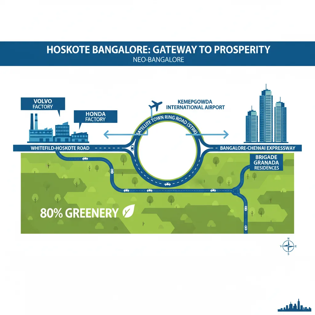 Hoskote East Bangalore industrial skyline with Volvo, Honda factories, STRR connectivity, Brigade Granada residential towers, and 80% green open space
