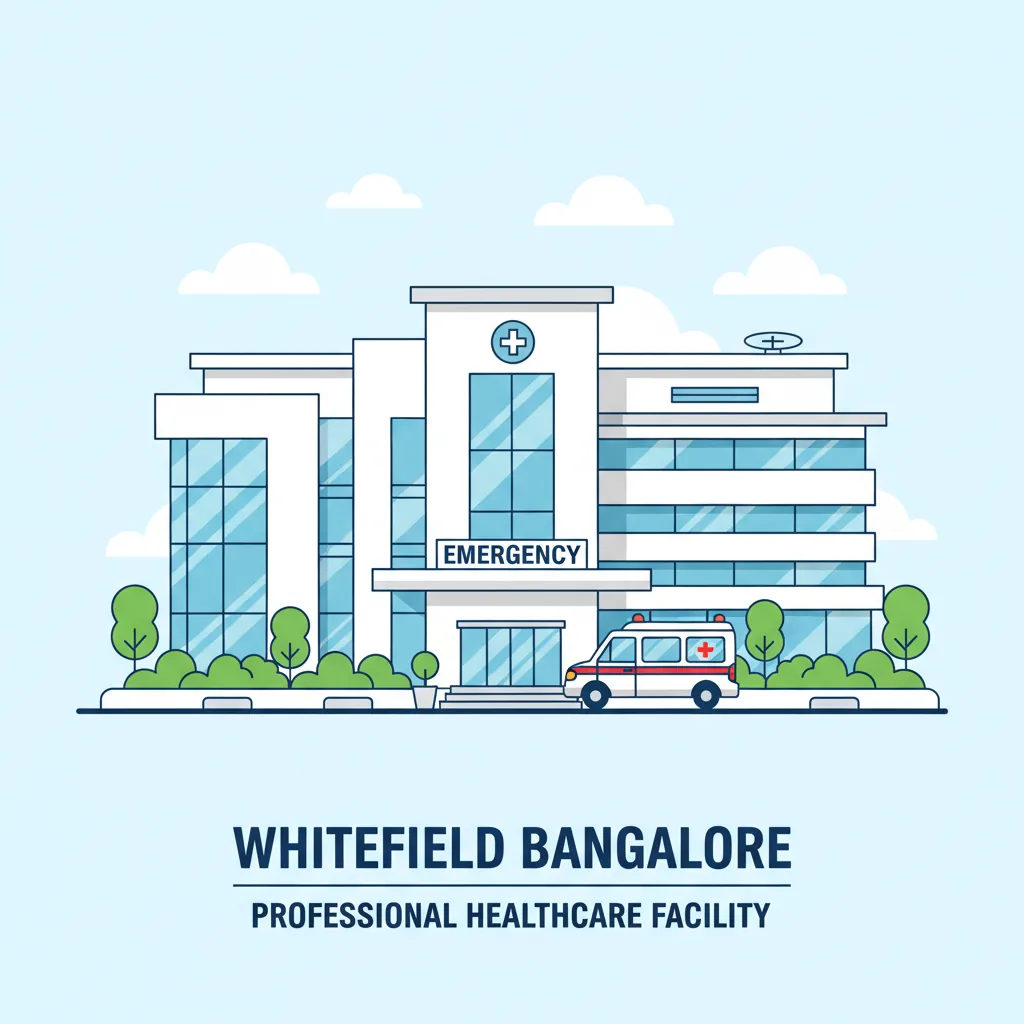Modern hospital building exterior near Brigade Granada in Whitefield, Bangalore with emergency entrance and ambulance