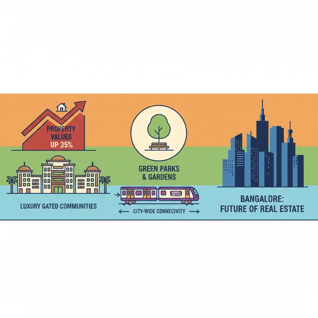 Bangalore real estate market infographic showing luxury gated communities, metro connectivity, and tech hub skyline trends