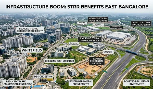 Satellite Town Ring Road STRR impact on East Bangalore real estate 2026 showing NH 648 Doddaballapur Hoskote bypass and connectivity to Kempegowda International Airport