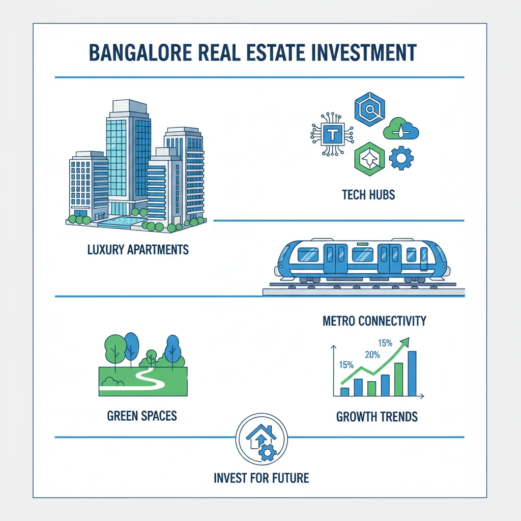 Is It Worth Buying Property in Bangalore? Modern infographic style illustration of Bangalore real estate investment showing luxury apartments, metro train, and growth charts.