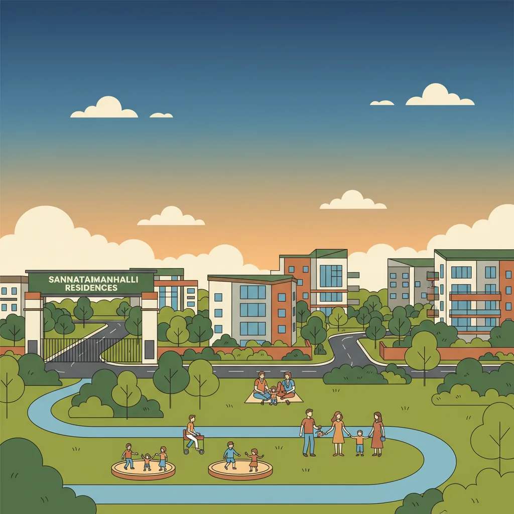 Modern residential neighborhood in East Bangalore, Sannatammanahalli area with lush green surroundings and apartment buildings