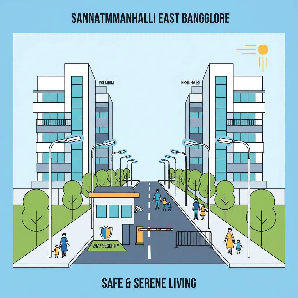 Modern residential gated community in Sannatammanahalli East Bangalore with security features, wide tree-lined streets, LED streetlights, families walking safely, premium apartment buildings, clean infrastructure, bright daytime lighting
